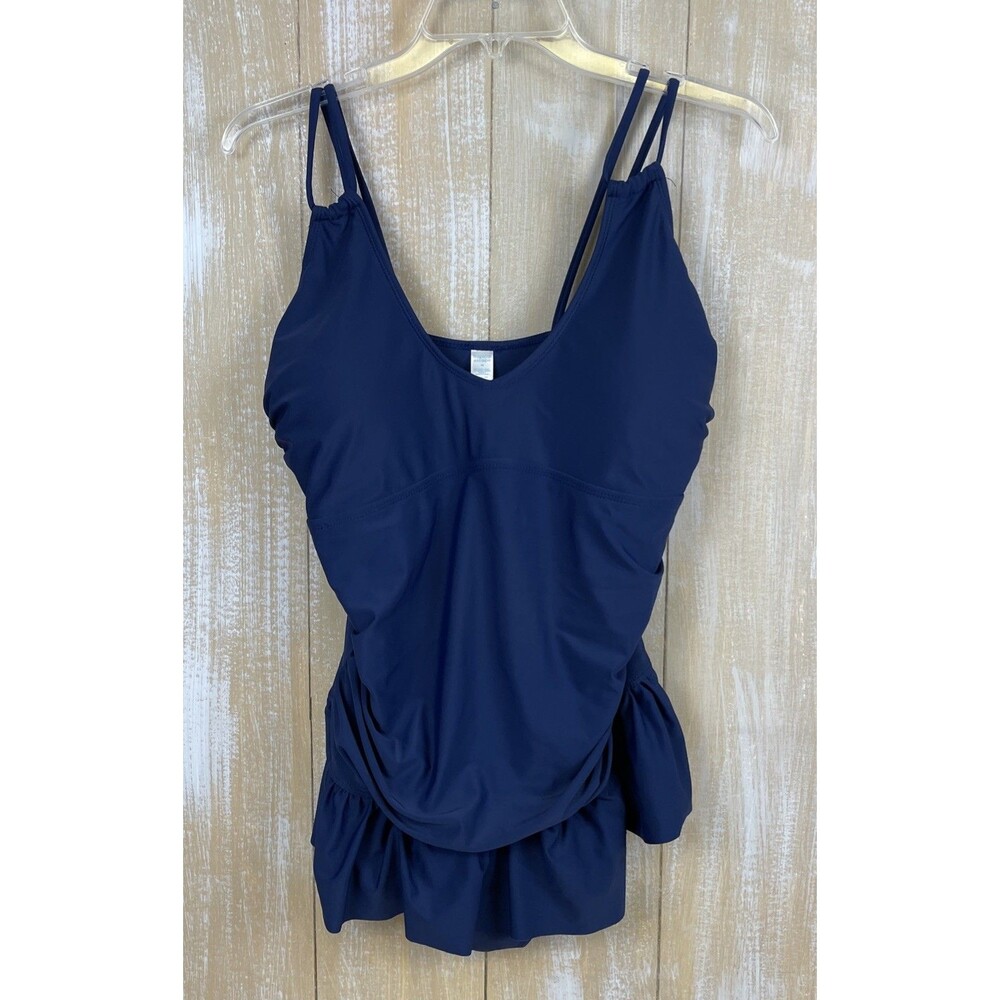 Tropical Escape Women’s Skirted One Piece Swimsuit Sz 14 Navy Blue
